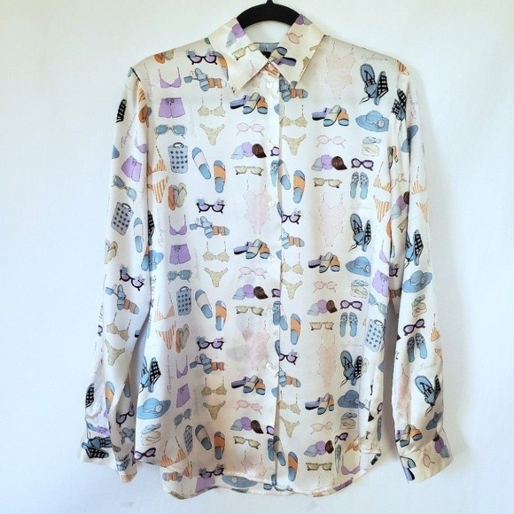 Ishyu Silk Long Sleeve Button Down Beach Print Size 10